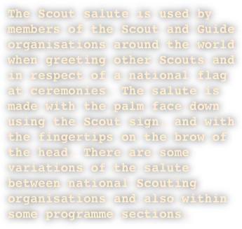 The Scout salute is used by members of the Scout and Guide organisations around the world when greeting other Scouts and in respect of a national flag at ceremonies. The salute is made with the palm face down using the Scout sign, and with the fingertips on the brow of the head. There are some variations of the salute between national Scouting organisations and also within some programme sections.